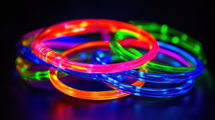Colorful glowing bracelets on dark surface