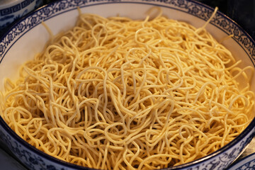 Alkaline noodles close up. Raw noodles