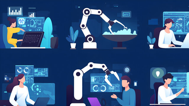 Diverse professionals utilize robotic arms and data analytics dashboards in a modern, collaborative workspace setting.