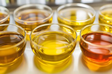 Experiment on density with layers of liquids bright overhead light laboratory background