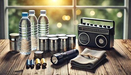 emergency preparedness kit including bottled water, silver canned food, flashlight, batteries, etc. placed on a wooden table, suggesting the importance of being prepared for natural disasters
