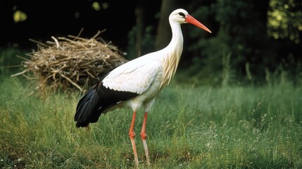 Fototapeta premium Elegant stork standing majestically in lush grassy meadow landscape