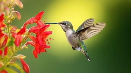 Fototapeta premium Hummingbird delight: Nectar seeking in vibrant floral embrace, capturing nature