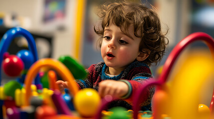 A joyful autistic child playing with sensory-friendly toys in a safe environment 