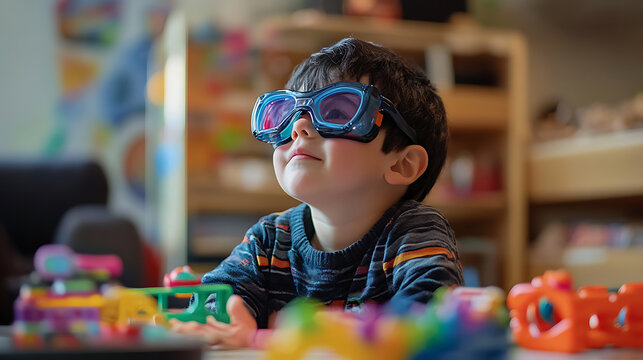 A joyful autistic child playing with sensory-friendly toys in a safe environment 