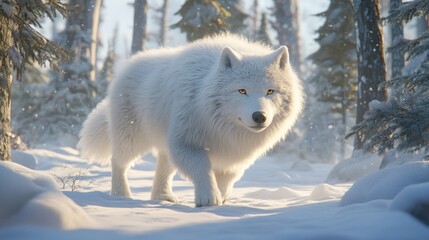 Obraz premium Majestic White Wolf Strolling Snowy Forest