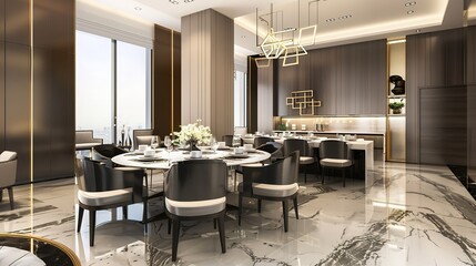 A modern and stylish dining area seamlessly integrated with a minimalist kitchen design, showcasing a contemporary aesthetic. This scene is a 3D rendering that highlights the clean lines and simple 