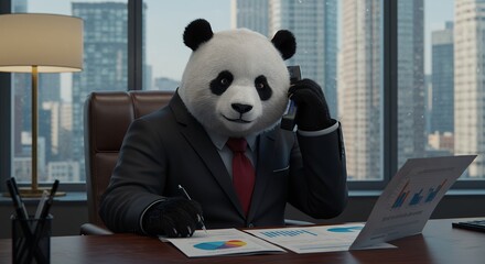 An anthropomorphic panda in an executive office, wearing a black suit and red tie, making a phone call while looking at financial reports. High-end modern interior with a cityscape view outside.