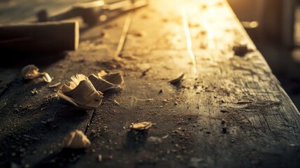 Dusty workbench, wood shavings, sunlight
