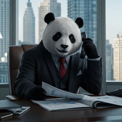 An anthropomorphic panda in an executive office, wearing a black suit and red tie, making a phone call while looking at financial reports. High-end modern interior with a cityscape view outside.