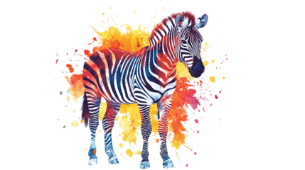 Full body portrait of a colorful zebra standing, png file of isolated cutout on transparent background.