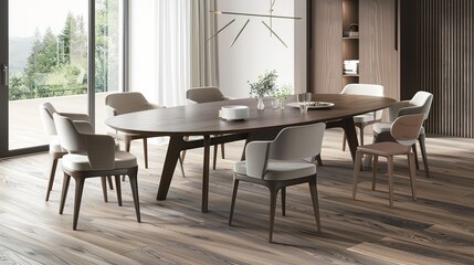 A modern and stylish dining area seamlessly integrated with a minimalist kitchen design, showcasing a contemporary aesthetic. This scene is a 3D rendering that highlights the clean lines and simple 