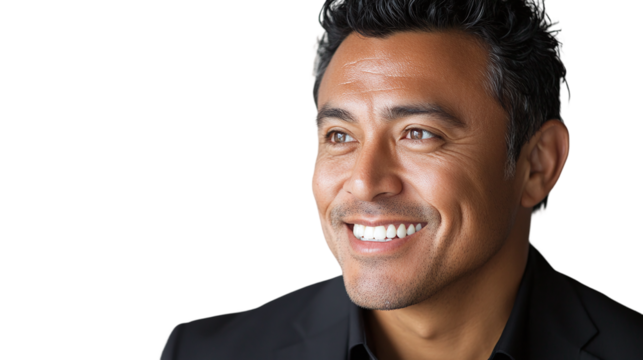 Portrait of a handsome latino man with a happy smile, looking to the left sideways, isolated on transparent background.