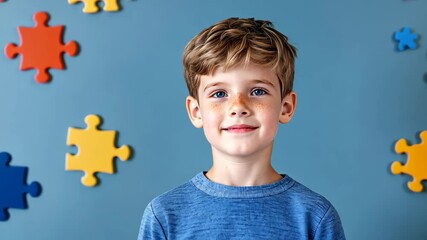 Portrait of a Young Boy Against Blue Background with Colorful Puzzle Pieces Symbolizing Autism Awareness and Childhood Development - Powered by Adobe