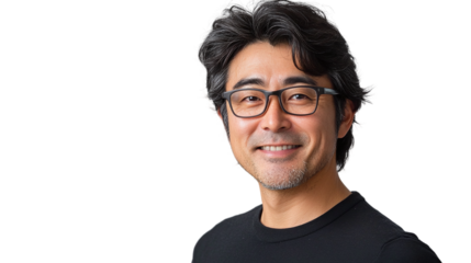 Portrait of a smiling handsome asian man with glasses, isolated on transparent background.