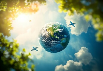 Naklejka premium Pixelated Earth and Airplanes in Sunny Sky