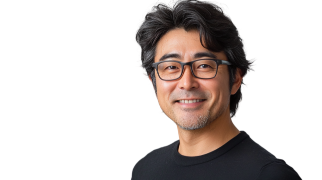 Portrait of a smiling handsome asian man with glasses, isolated on transparent background. - Powered by Adobe