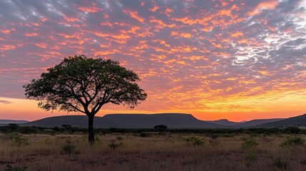 Silhouette of a solitary tree against the backdrop of a vibrant sunset, with warm orange and pink hues reflecting on the surrounding landscape, creating a peaceful and dramatic scene.