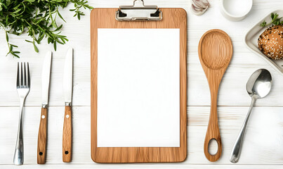 Blank Menu Template on Wooden Clipboard with Kitchen Utensils