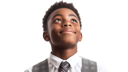 Portrait of a smiling african american high school boy wearing a tie and looking up, isolated on transparent background.