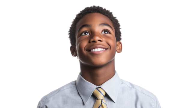 Portrait of a smiling african american high school boy wearing a tie and looking up, isolated on transparent background. - Powered by Adobe