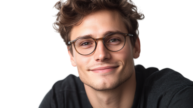 Portrait of a smiling young handsome man with glasses, isolated on transparent background.
