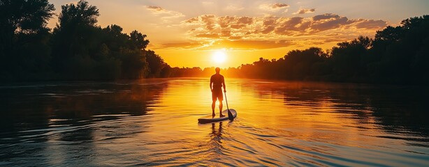 Kayakers and paddleboarders glide across a calm river, bathed in the warm glow of the sunset.