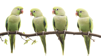 Set of four green parrots portrait on tree branch, isolated on transparent background.