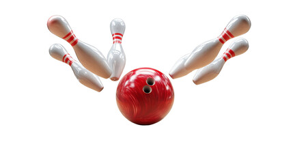 A bowling ball hitting the pins head-on, causing a chain reaction of pins flying off the lane, cut out and isolated on a transparent background.
