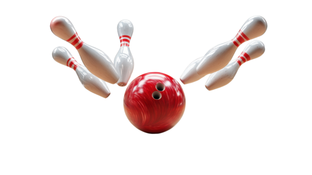 A bowling ball hitting the pins head-on, causing a chain reaction of pins flying off the lane, cut out and isolated on a transparent background.
