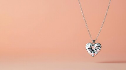 Fototapeta premium Minimal diamond heartshaped necklace floating softly in midair, isolated on a pastel cream background