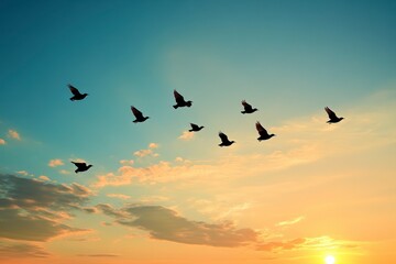 Fototapeta premium Silhouetted Birds in Flight at Sunset