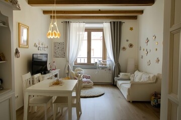 Bright, airy living room with white furniture, wooden beams, and children's decor.