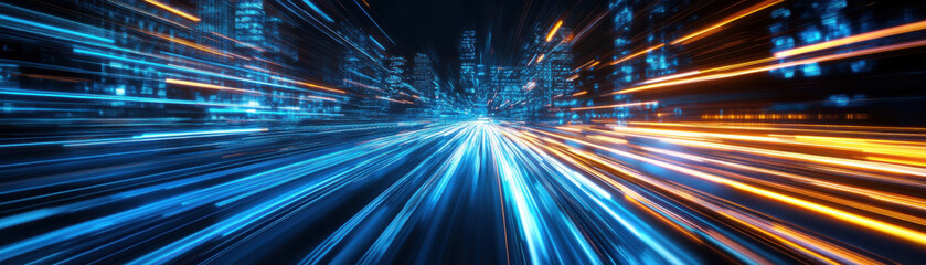 Obraz premium Dynamic cityscape with vibrant light trails and urban skyline