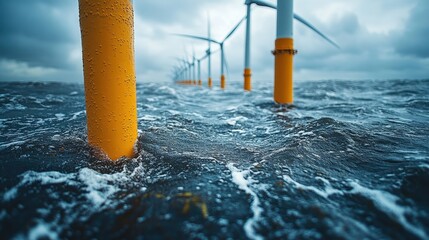 Wind turbines standing tall in turbulent ocean waters under a moody sky, showcasing renewable energy