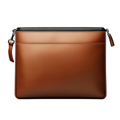 Brown leather purse with a black strap on transparent background
