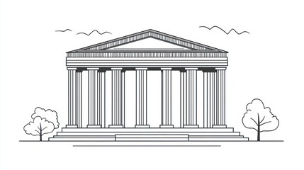 Fototapeta premium Grecian temple line drawing, urban park setting, architectural illustration, website design