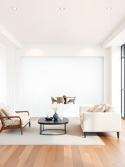 modern living room interior design with a white blank wall mockup frame on the wooden floor and a light beige sofa, black coffee table, and dining area in the background