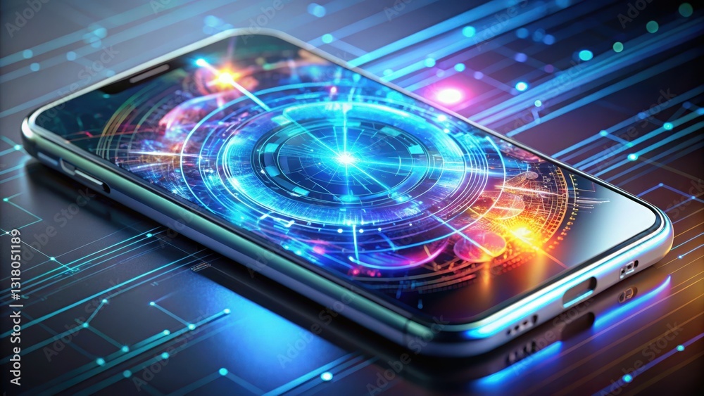 Poster advanced smartphone displaying futuristic holographic interface with touch controls and graphics