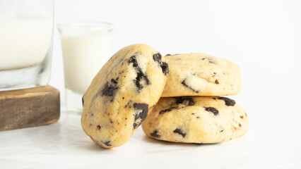 Vanilla chocolate cookies isolated on clean white background. Close up shot stacked cookies concept 