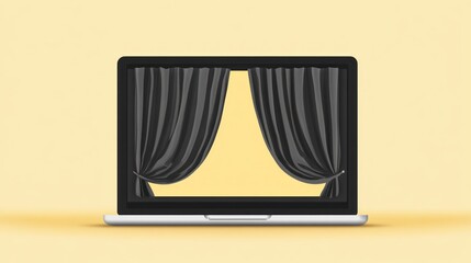 Laptop screen showing closed curtains,  online performance, yellow background