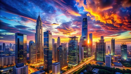 Fototapeta premium Stunning city skyline at sunset with glowing buildings and vibrant colors reflecting in the sky