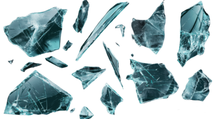 "A chaotic spread of broken glass fragments, isolated on transparent background, with intricate patterns and sharp edges visible