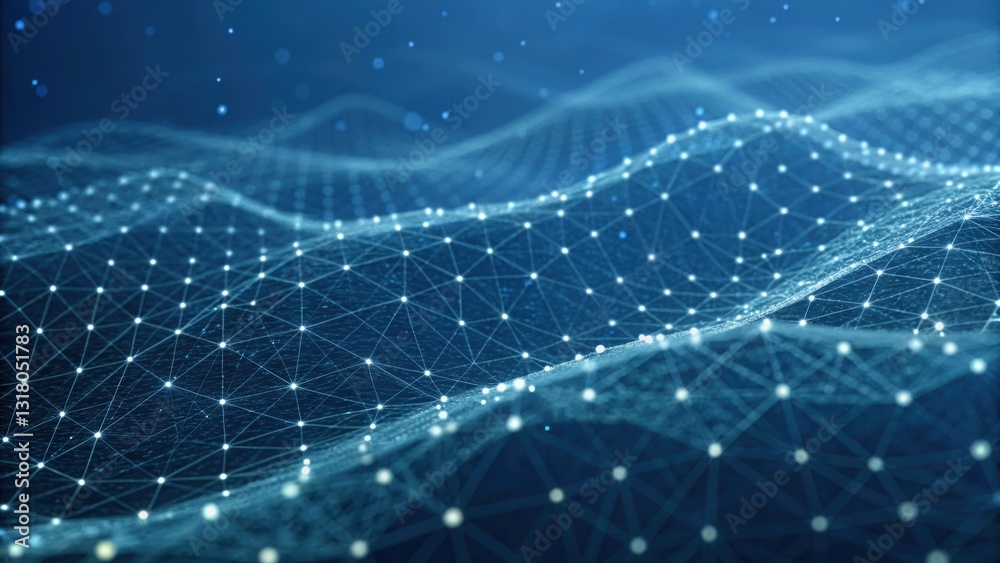 Poster intricate blue background with a line of dots representing a digital neural network connection