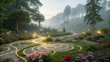 Pristine digital garden flourishing with vibrant flowers and a serene pathway inviting exploration