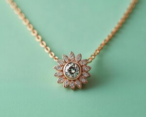 Fototapeta premium Cute diamond necklace with a sparkling sunflower pendant, glowing softly on a pastel green background