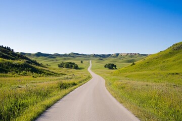 Naklejka premium Road Trip Scenic route on highway between green hills to horizon in countryside