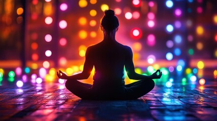 A serene silhouette meditating amidst colorful lights, creating a peaceful and vibrant atmosphere. yoga