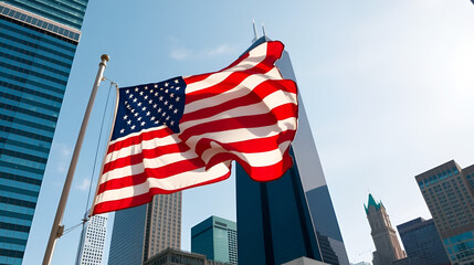 USA flag in Chicago with with skyscrapers on background