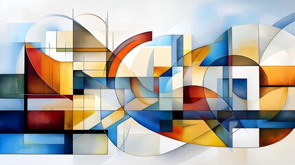 Abstract Composition with Geometric Shapes in Blue Orange and White Tones
